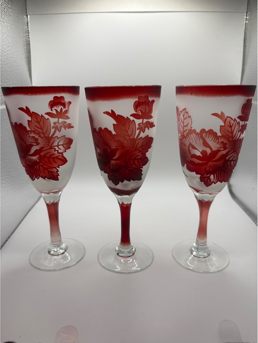 Vintage Frosted Cameo Glass Wine Goblets Set of 3 Ruby Red Floral Etched 6.5"